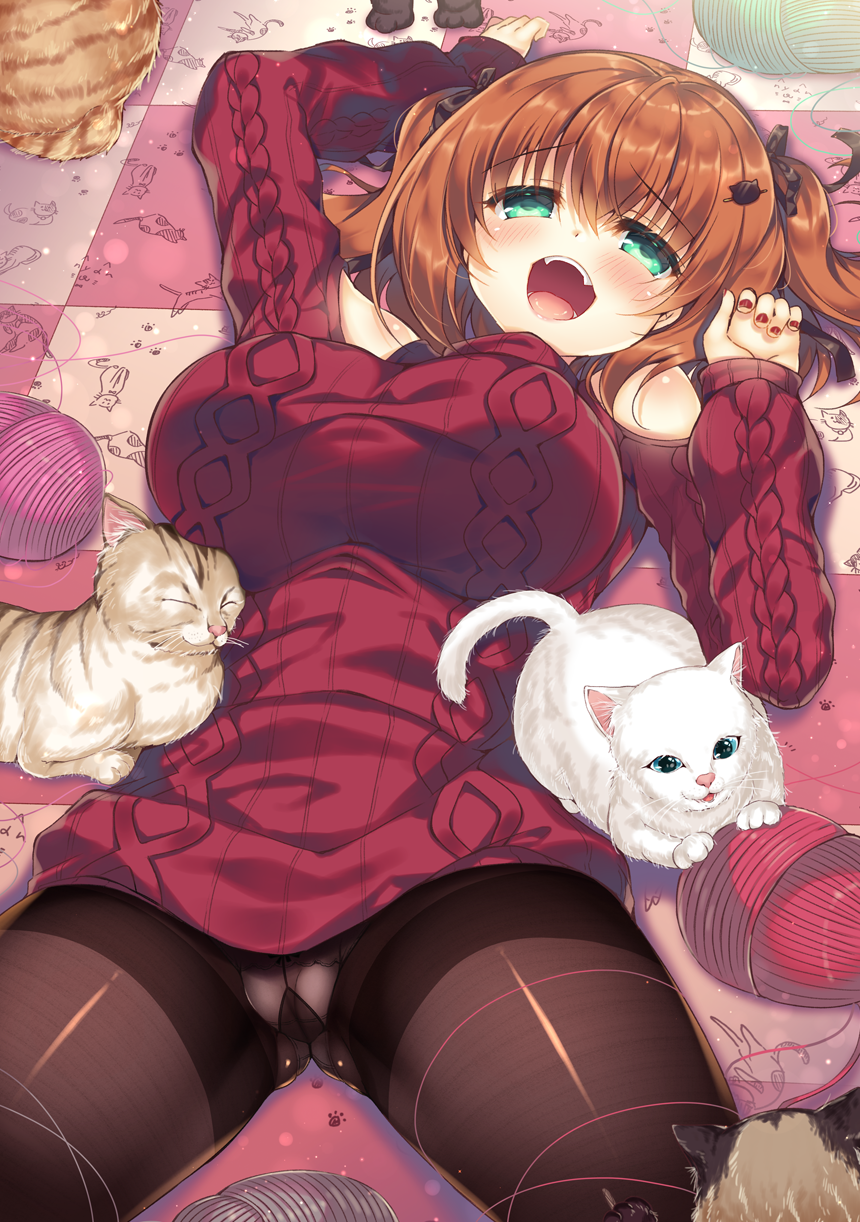 1girl, :d, animal, aoki_kaede, aran_sweater, arm_up, bare_shoulders, black_ribbon, blush, breasts, brown_hair, brown_pantyhose, cable_knit, cat, cat_hair_ornament, clothing_cutout, commentary_request, fangs, female_focus, green_eyes, hair_between_eyes, hair_ornament, hair_ribbon, hand_up, highres, large_breasts, long_sleeves, looking_at_viewer, lying, nail_polish, on_back, on_floor, open_mouth, original, panties, panties_under_pantyhose, pantyhose, red_nails, red_sweater, ribbed_sweater, ribbon, shoulder_cutout, sleeves_past_wrists, smile, solo, spread_legs, suzunone_rena, sweater, teeth, thighband_pantyhose, two_side_up, underwear, upper_teeth_only, white_cat, white_panties, yarn, yarn_ball