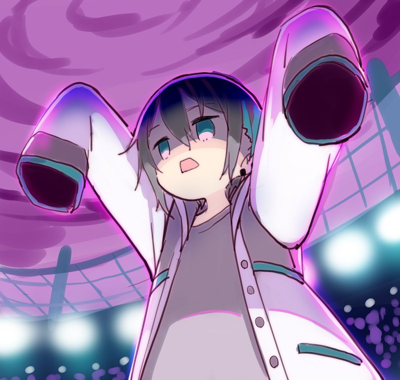 1boy, black_hair, blue_eyes, blue_hair, cloud, dynamax, gigantamax, grey_shirt
