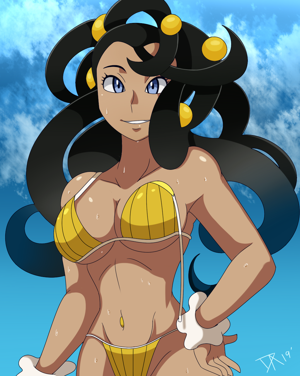 1girl, bare_arms, bare_shoulders, bikini, black_hair, blue_eyes, blue_sky, breasts, cleavage, cloud, collarbone, cowboy_shot, dahlia_(pokemon), dalley-the-alpha, dark-skinned_female, dark_skin, dated, eyelashes, female_focus, frontier_brain, groin, hair_ornament, hand_on_own_hip, highres, hip_focus, large_breasts, long_hair, looking_at_viewer, navel, navel_piercing, nintendo, parted_lips, piercing, pokemon, pokemon_diamond/pearl/platinum, pokemon_platinum, scrunchie, signature, sky, solo, stomach, sweat, swimsuit, wrist_scrunchie, yellow_bikini