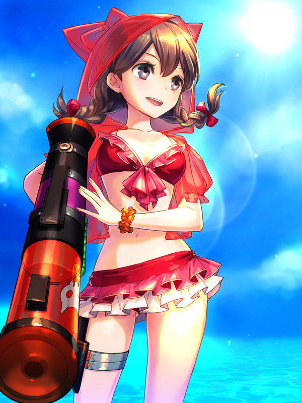 1girl, bikini, blue_sky, braid, breasts, brown_eyes, brown_hair, cleavage