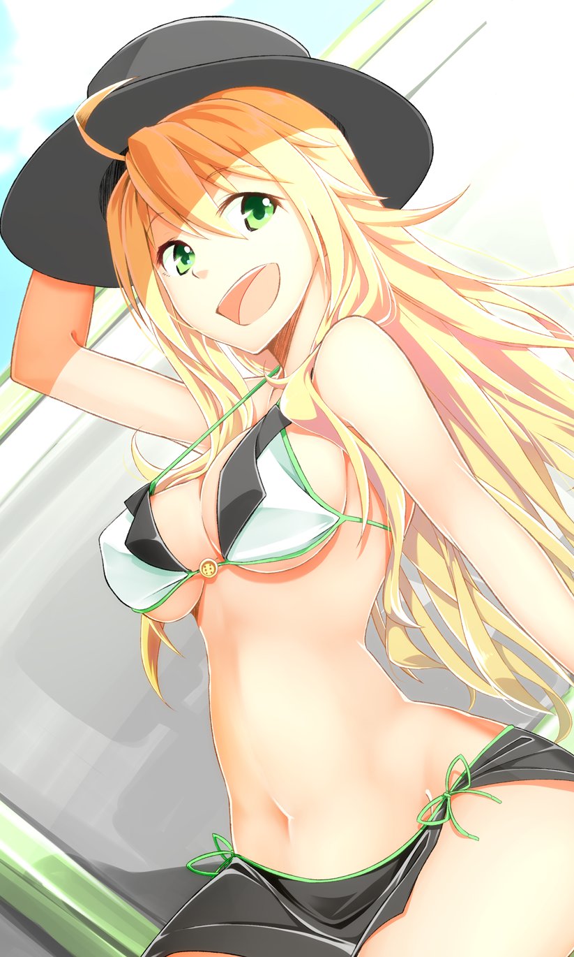 1girl, ahoge, arm_up, bikini, blonde_hair, breasts, cleavage, cloud