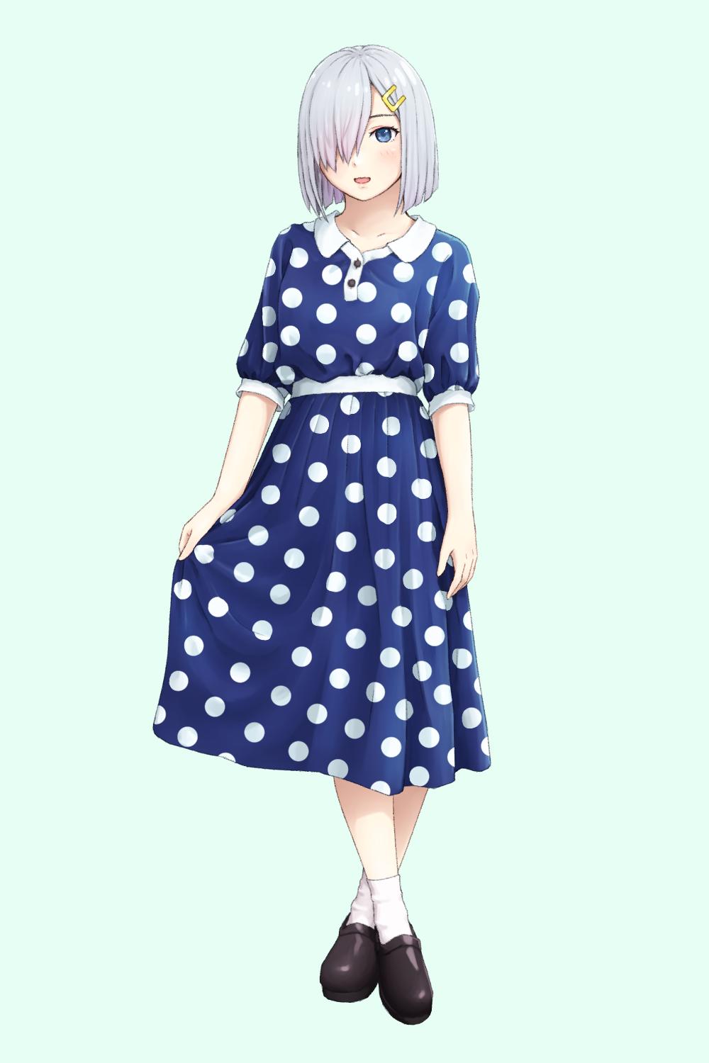 1girl, alternate_costume, black_shoes, blue_background, blue_dress, blue_eyes, commentary_request, crossed_legs, dress, female_focus, full_body, hair_ornament, hair_over_one_eye, hairclip, hama!_(3toshinhmkz), hamakaze_(kancolle), highres, kantai_collection, loafers, looking_at_viewer, polka_dot, polka_dot_dress, shoes, short_hair, silver_hair, simple_background, smile, socks, solo, standing, white_socks