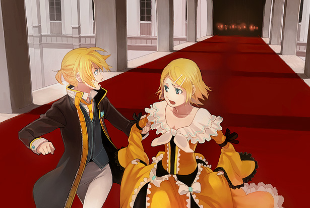 1boy, 1girl, aku_no_meshitsukai_(vocaloid), aku_no_musume_(vocaloid), allen_avadonia, blonde_hair, blue_eyes, brother_and_sister, daughter_of_evil, dress, evillious_nendaiki, formal_clothes, frills, habuki, hair_ornament, hairclip, kagamine_len, kagamine_rin, necktie, open_mouth, ribbon, short_hair, siblings, twins, victorian, vocaloid, yellow_dress, yellow_necktie
