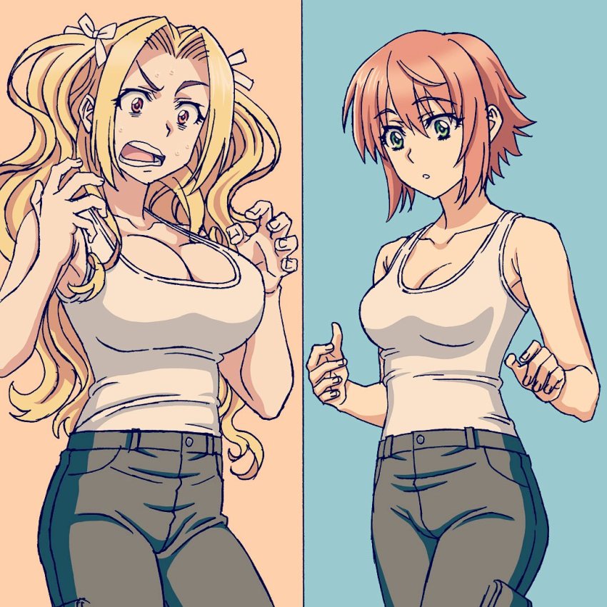 2girls, anett_hosenfeld, blonde_hair, breasts, character_request, cleavage, denim, graphite_(medium)