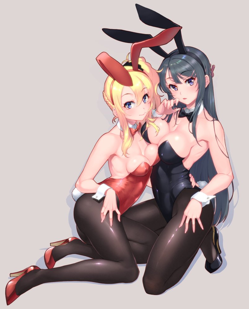 2girls, animal_ears, asymmetrical_docking, black_hair, black_legwear, blonde_hair, blush, bow