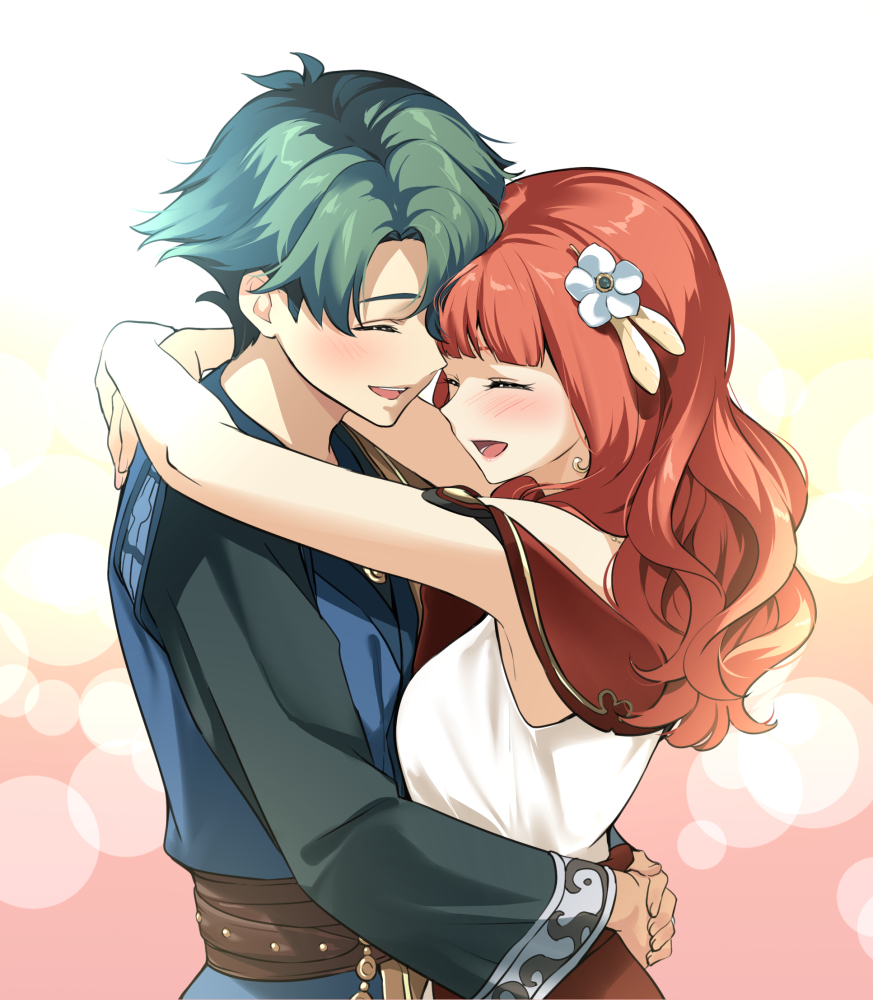 1boy, 1girl, alm_(fire_emblem), alm_(valentine)_(fire_emblem), celica_(fire_emblem), celica_(valentine)_(fire_emblem), closed_eyes, dress, earrings, fire_emblem, fire_emblem_echoes:_shadows_of_valentia, flower, from_side, green_hair, hair_flower, hair_ornament, hug, jewelry, long_hair, long_sleeves, nintendo, open_mouth, red_hair, ring, short_hair, taromarun, upper_body