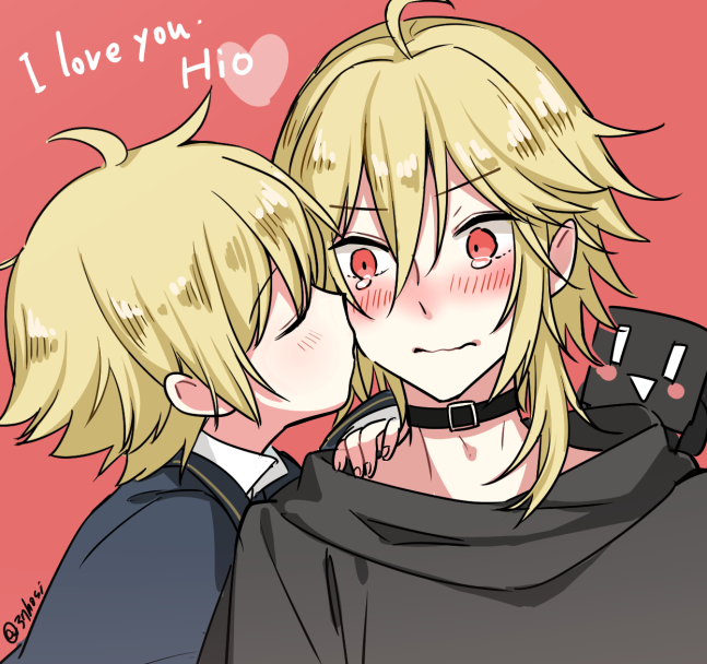 blonde_hair, blush, kissing_cheek, closed_mouth, closed_eyes, kiss, looking_at_another, male_focus