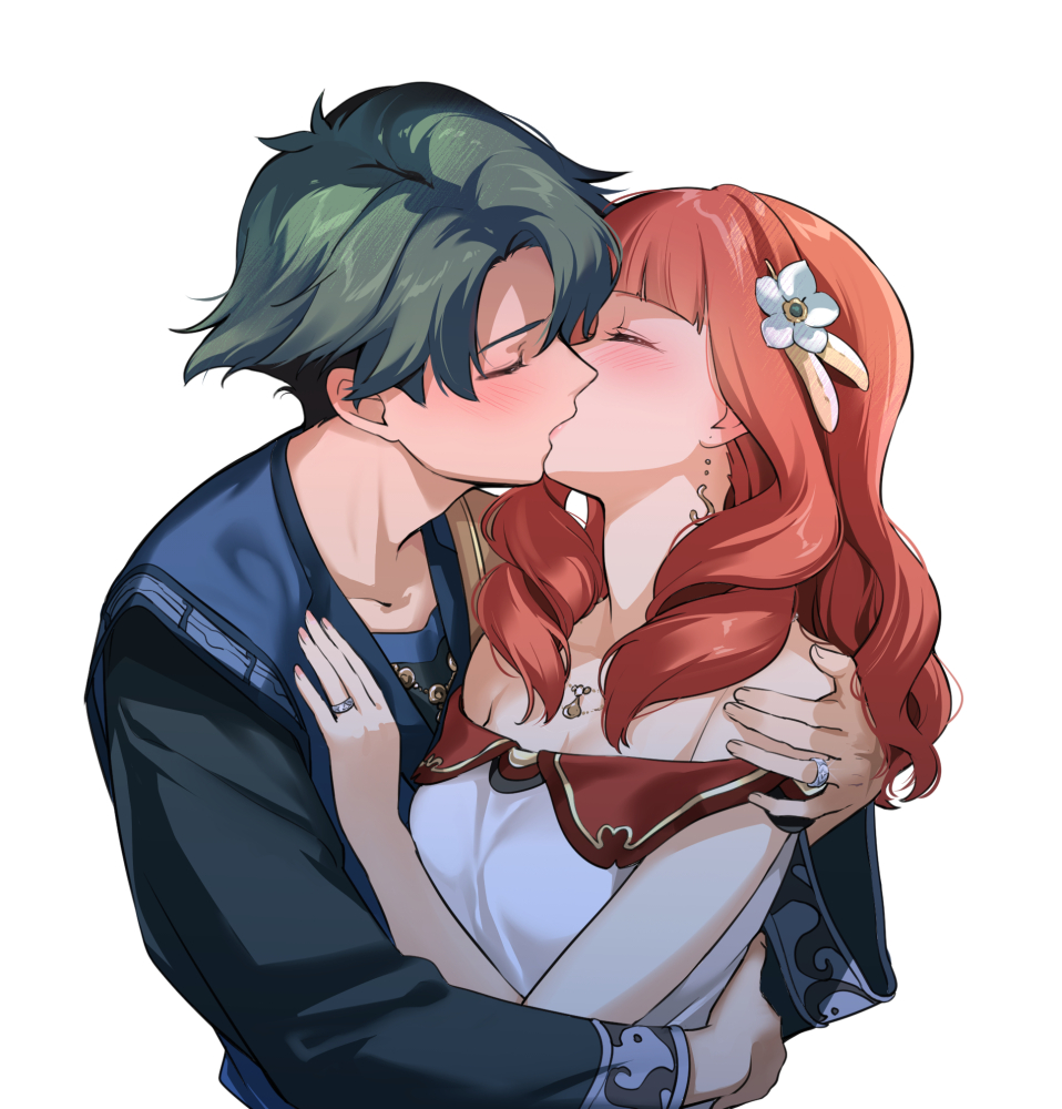 1boy, 1girl, alm_(fire_emblem), alm_(valentine)_(fire_emblem), celica_(fire_emblem), celica_(valentine)_(fire_emblem), closed_eyes, dress, earrings, fire_emblem, fire_emblem_echoes:_shadows_of_valentia, flower, green_hair, hair_flower, hair_ornament, hetero, jewelry, kiss, long_hair, long_sleeves, necklace, nintendo, red_hair, ring, short_hair, simple_background, taromarun, upper_body, white_background