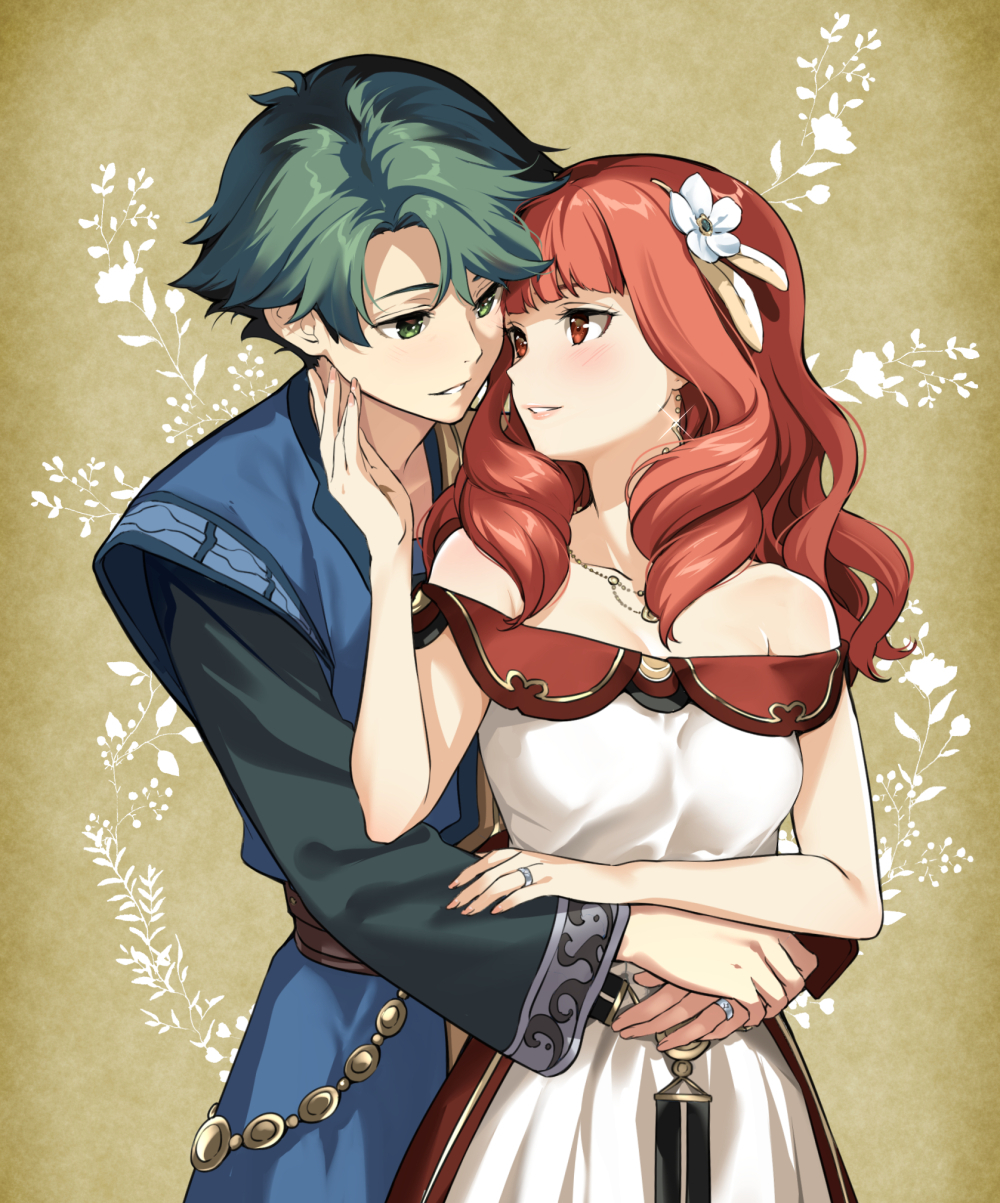 1boy, 1girl, alm_(fire_emblem), alm_(valentine)_(fire_emblem), celica_(fire_emblem), celica_(valentine)_(fire_emblem), dress, earrings, fire_emblem, fire_emblem_echoes:_shadows_of_valentia, flower, green_eyes, green_hair, hair_flower, hair_ornament, highres, hug, hug_from_behind, jewelry, long_hair, long_sleeves, necklace, nintendo, parted_lips, red_eyes, red_hair, ring, short_hair, taromarun