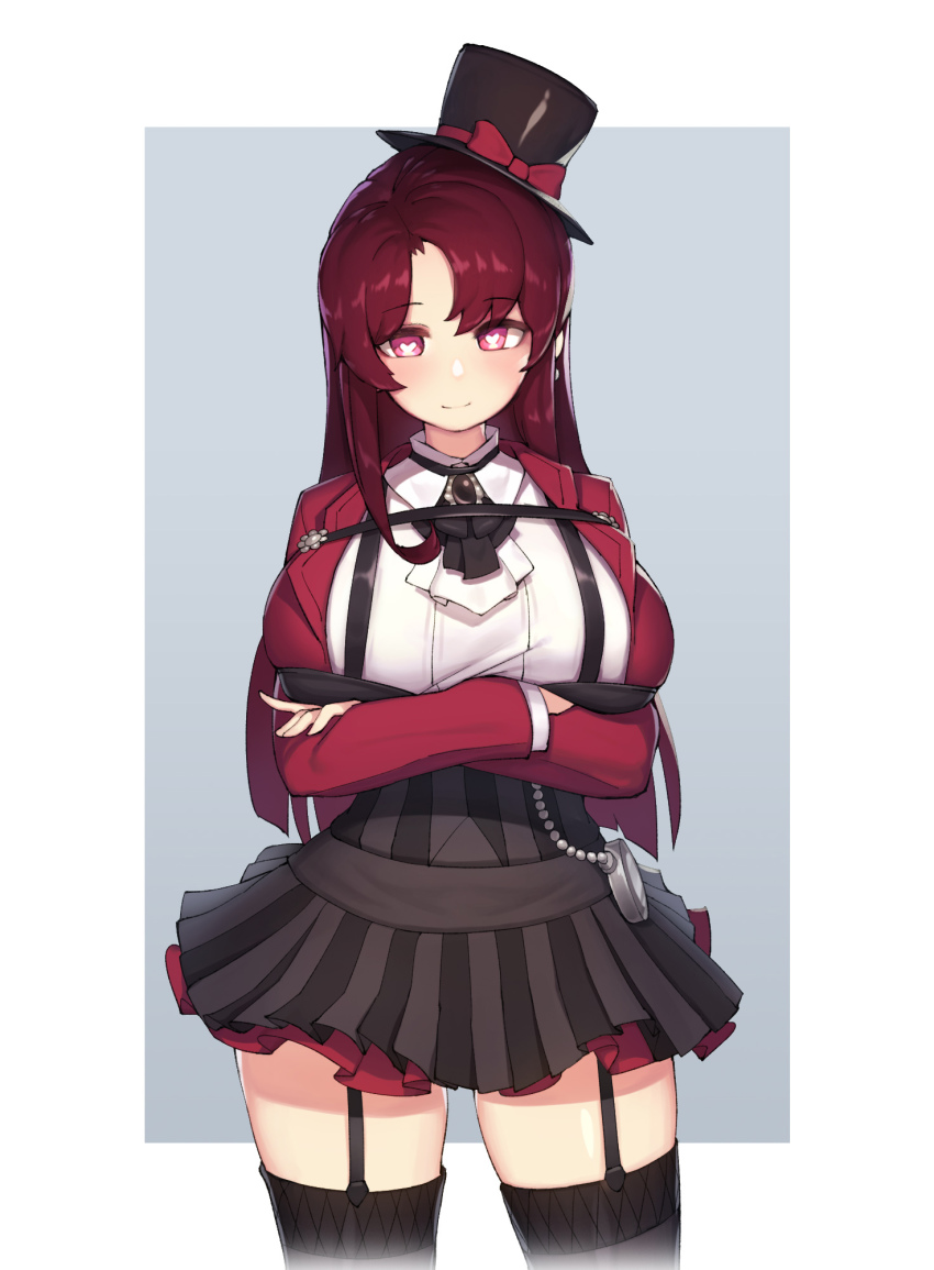 1girl, arms_under_breasts, black_hat, black_skirt, black_thighhighs, bow, breasts, breasts_out, character_request, closed_mouth, collared_jacket, commission, cowboy_shot, cropped_legs, elesis_(elsword), elsword, female_focus, garter_straps, grey_background, hat, hat_bow, highres, jacket, large_breasts, long_hair, looking_at_viewer, outside_border, pepper0, pink_eyes, pleated_skirt, red_bow, red_hair, red_jacket, shirt, simple_background, skirt, smile, solo, standing, straight_hair, thighhighs, top_hat, white_shirt, zettai_ryouiki