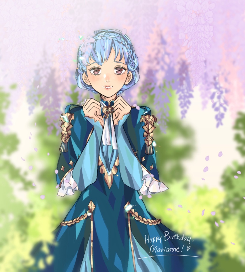 1girl, blue_hair, braid, brown_eyes, crown_braid, dress, female_focus, fire_emblem