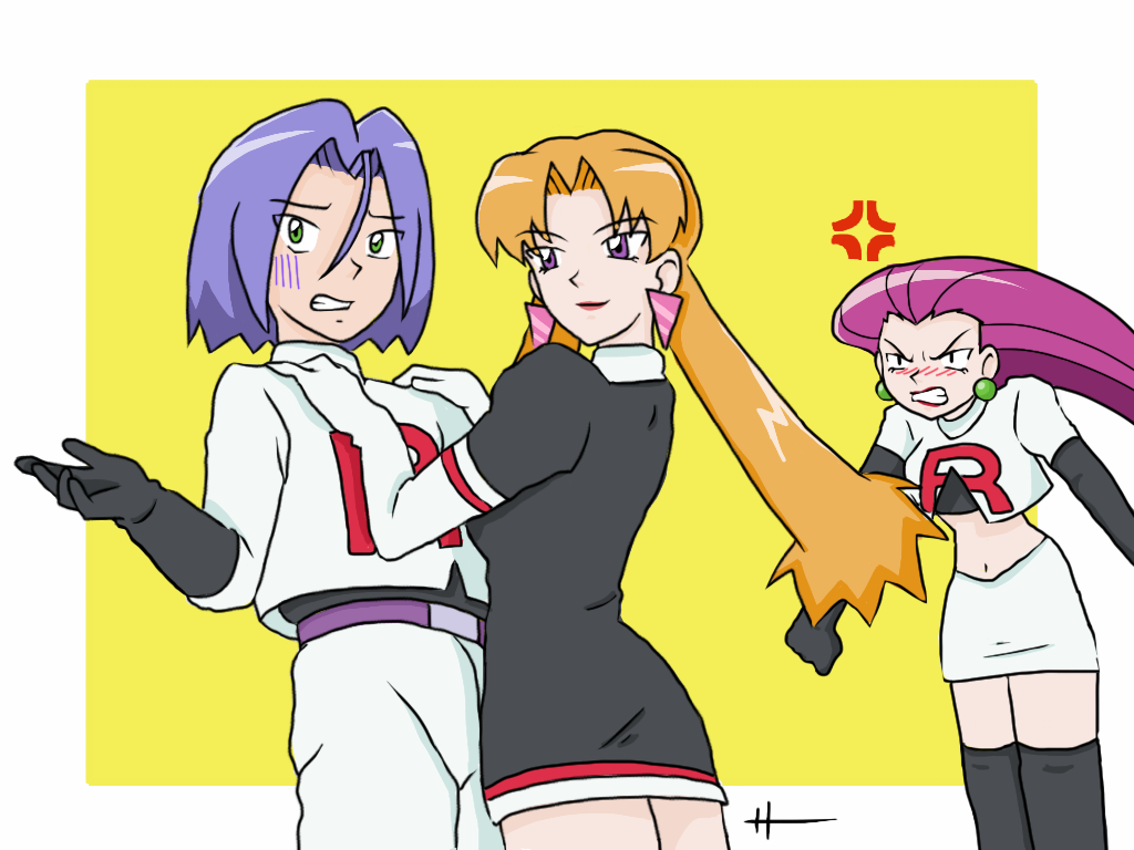 1boy, 2girls, anger_vein, angry, arms_at_sides, belt, belt_buckle, black_eyes