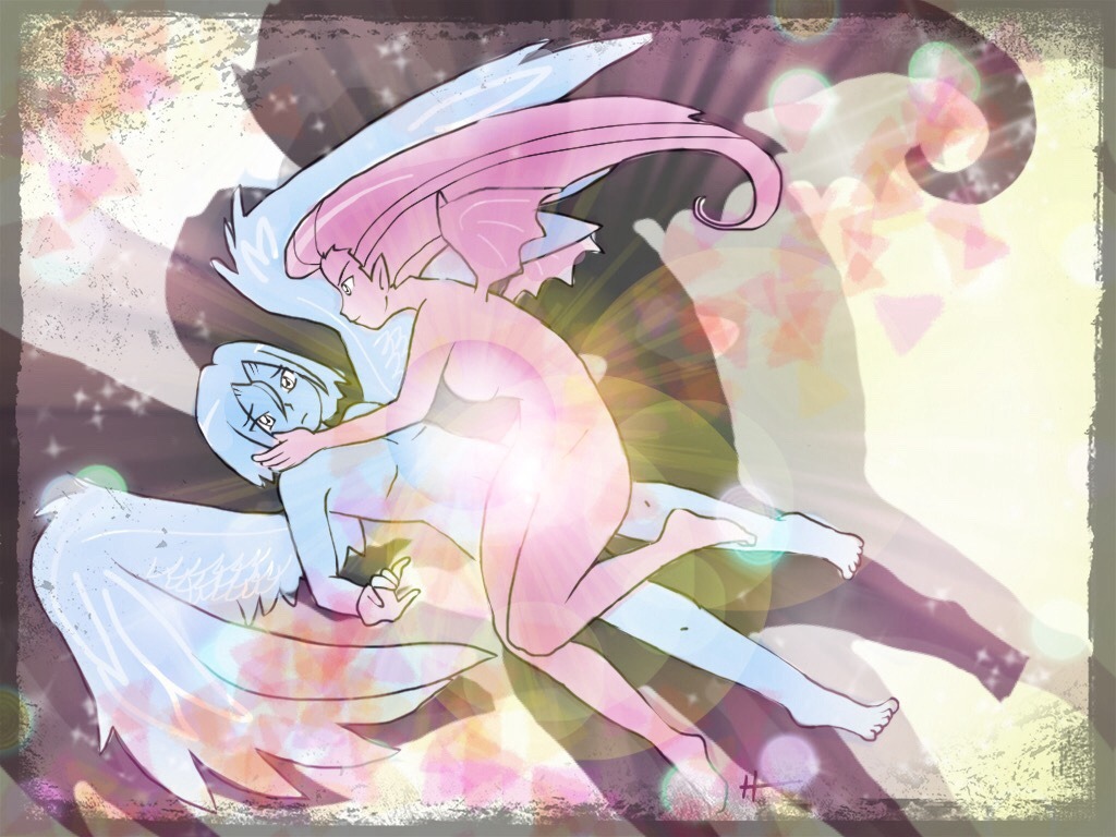 1boy, 1girl, angel, angel_wings, buchichu, demon_girl, james_(pokemon), jessie_(pokemon)