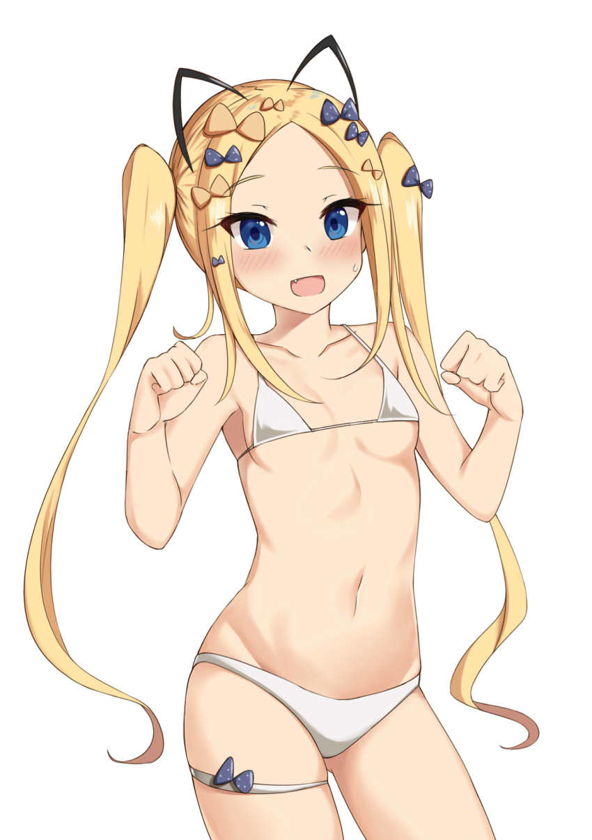 1girl, :d, abigail_williams_(fate), alternate_hairstyle, animal_ears, bare_arms, bare_shoulders, bikini, black_bow, blonde_hair, blush, bow, breasts, collarbone, fake_animal_ears, fang, fate/grand_order, fate_(series), female_focus, forehead, gluteal_fold, hair_bow, hands_up, highres, long_hair, mz_(ltge3238), navel, open_mouth, orange_bow, parted_bangs, polka_dot, polka_dot_bow, sidelocks, simple_background, small_breasts, smile, solo, sweat, swimsuit, twintails, very_long_hair, white_background, white_bikini