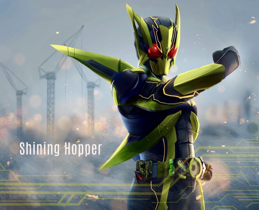 1boy, armor, belt, character_name, clenched_hand, gloves, helmet, highres, kamen_rider, kamen_rider_01_(series), kamen_rider_zero-one, kozsen_810290, male_focus, oil_rig, rider_belt, shining_hopper, solo, standing