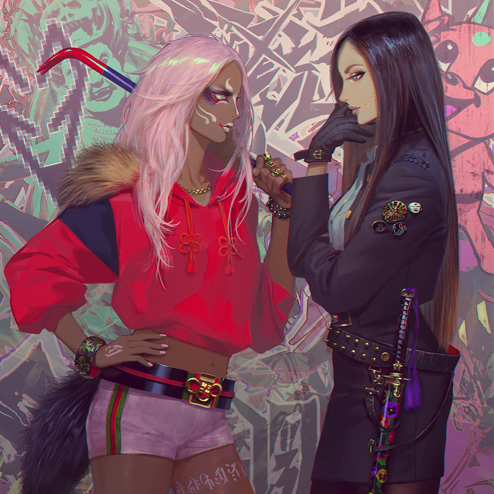 2girls, badge, belt, black_gloves, black_hair, black_jacket, black_legwear, black_skirt