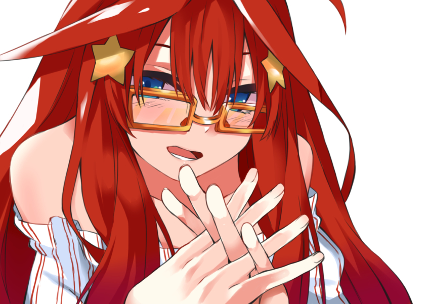 1girl, bare_shoulders, blue_eyes, commentary_request, glasses, go-toubun_no_hanayome, hair_between_eyes, hair_ornament