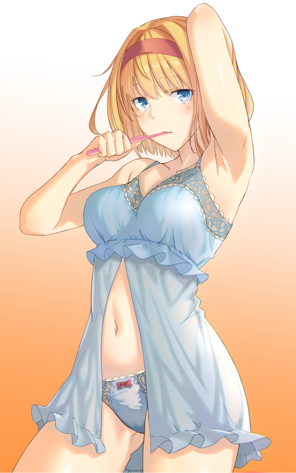 1girl, alice_margatroid, arm_up, armpits, babydoll, bare_arms, bare_shoulders, blonde_hair