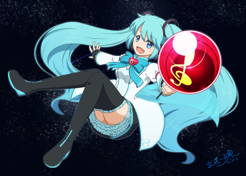 1girl, aqua_hair, blue_eyes, boots, full_body, hatsune_miku, reiran, thigh_boots