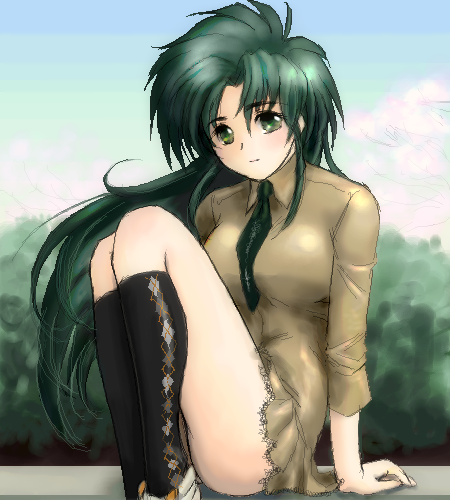1girl, female_focus, green_hair, jochuu-san, lowres, oekaki, original, solo