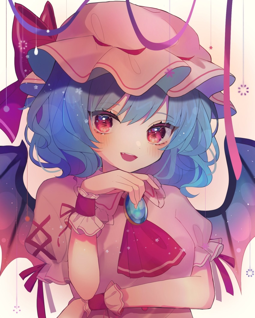 1girl, arm_across_waist, arms_up, ascot, bat_wings, blouse, blue_hair, blush