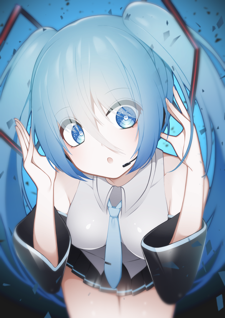 1girl, :o, bad_id, bad_pixiv_id, bare_shoulders, black_skirt, black_sleeves, blue_eyes