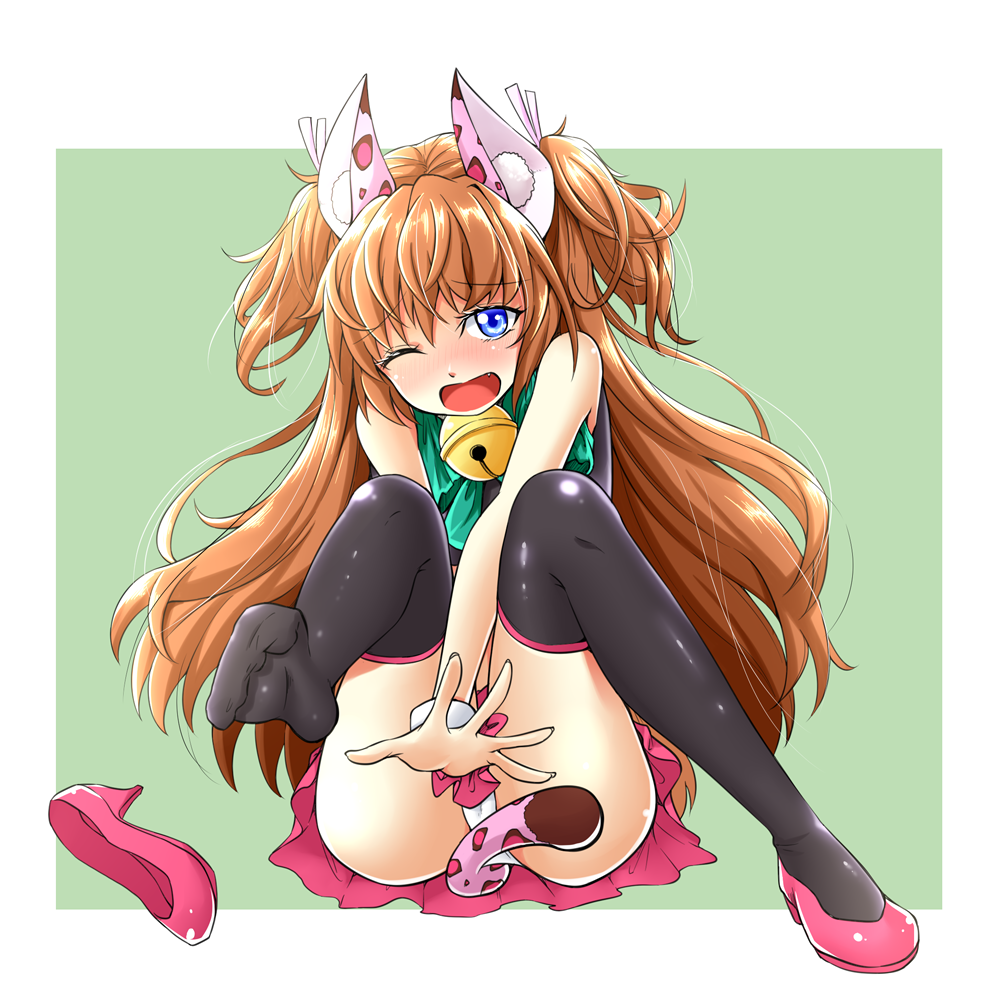 1girl, animal_ears, bell, between_legs, black_thighhighs, blue_eyes, brown_hair, embarrassed