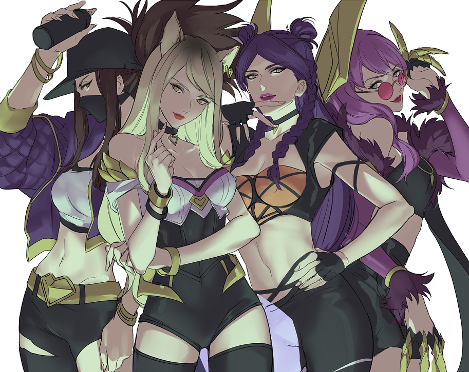 4girls, adjusting_eyewear, adjusting_glasses, ahri_(league_of_legends), akali, animal_ears, asymmetrical_clothes, bare_shoulders