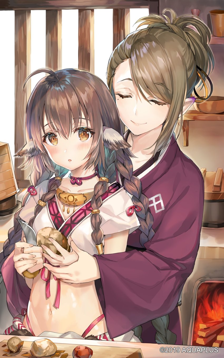 2girls, absurdly_long_hair, age_difference, ahoge, animal_ears, anju_(utawarerumono), aquaplus, blush, braid, breasts, brown_eyes, brown_hair, choker, closed_eyes, closed_mouth, collarbone, commentary_request, crop_top, cutting_board, furnace, hair_between_eyes, hair_ornament, height_difference, highleg, highres, holding, holding_hands, holding_knife, japanese_clothes, jewelry, kimono, knife, lips, long_hair, long_sleeves, looking_at_viewer, midriff, mole, mole_under_eye, momoko_(momopoco), multiple_girls, navel, necklace, official_art, open_mouth, parted_lips, pointy_ears, potato, quad_braids, shirt, short_sleeves, sidelocks, small_breasts, smile, stomach, swept_bangs, torikori_(utawarerumono), utawarerumono, utawarerumono:_futari_no_hakuoro, utawarerumono:_itsuwari_no_kamen, utawarerumono:_lost_flag, very_long_hair, watermark, white_shirt, wide_sleeves