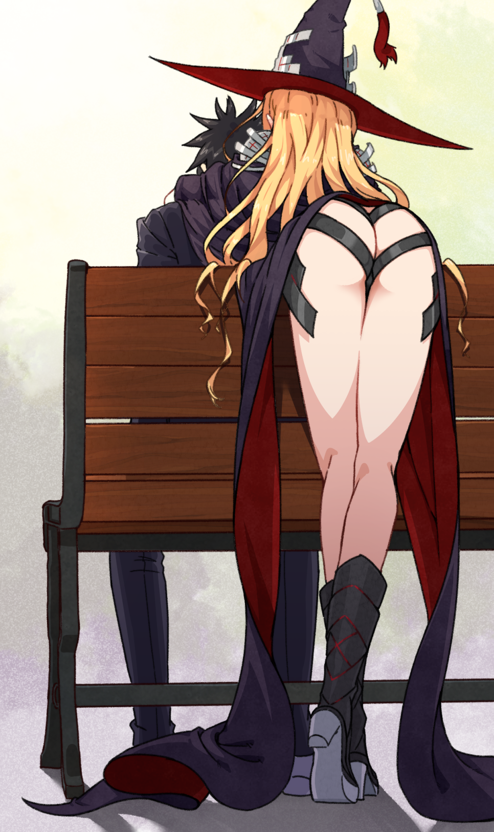 1boy, 1girl, ass, bench, black_footwear, black_hair, blonde_hair, cape