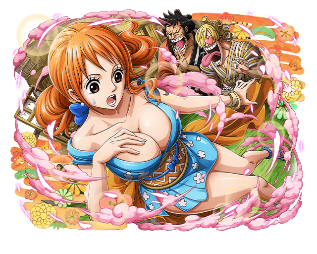 1girl, 2boys, black_hair, blonde_hair, blue_bow, blue_kimono, bow, breasts