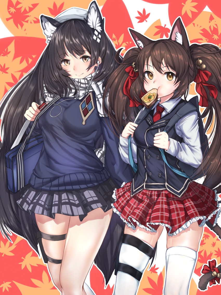 2girls, absurdres, alternate_costume, animal_ear_fluff, animal_ears, assault_rifle, bell, black_hair