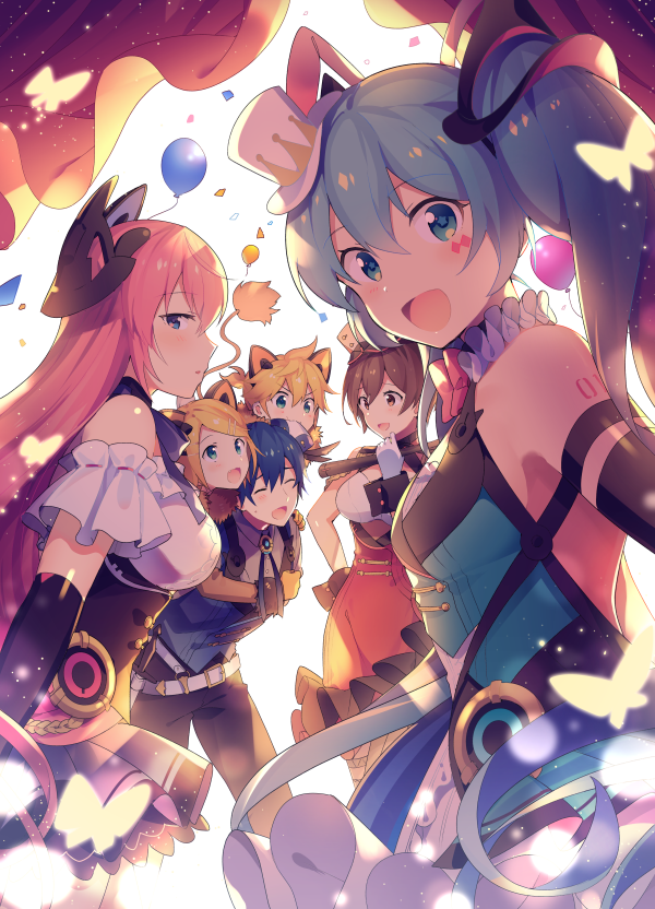 2boys, 4girls, animal_ears, aqua_eyes, aqua_hair, arm_across_chest, backlighting, balloon, bare_shoulders, belt, blonde_hair, blue_eyes, blue_hair, blue_vest, brown_eyes, brown_hair, bug, butterfly, carrying, circus, closed_eyes, commentary, confetti, curtains, diamond_(shape), dress, facial_tattoo, framed_breasts, frilled_skirt, frills, fur-trimmed_jacket, fur_trim, gloves, glowing_butterfly, hair_ornament, hat, hatsune_miku, holding, holding_whip, insect, jacket, kagamine_len, kagamine_rin, kaito_(vocaloid), leaning_forward, lion_ears, lion_tail, long_hair, looking_at_viewer, magical_mirai_(vocaloid), magical_mirai_kaito, magical_mirai_kaito_(2019), magical_mirai_len, magical_mirai_len_(2019), magical_mirai_luka, magical_mirai_luka_(2019), magical_mirai_meiko, magical_mirai_meiko_(2019), magical_mirai_miku, magical_mirai_miku_(2019), magical_mirai_rin, magical_mirai_rin_(2019), megurine_luka, meiko_(vocaloid), mini_hat, mini_top_hat, multiple_boys, multiple_girls, neck_ruff, open_mouth, pants, pink_hair, red_dress, short_hair, shoulder_tattoo, sinaooo, skirt, smile, spiked_hair, straight_hair, swept_bangs, tail, tattoo, top_hat, twintails, v-shaped_eyebrows, very_long_hair, vest, vocaloid, white_gloves, white_headwear