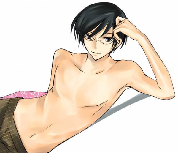 00s, artist_request, black_hair, brown_eyes, glasses, lying, male_focus, on_side, ootori_kyouya, ouran_high_school_host_club, topless_male, source_request