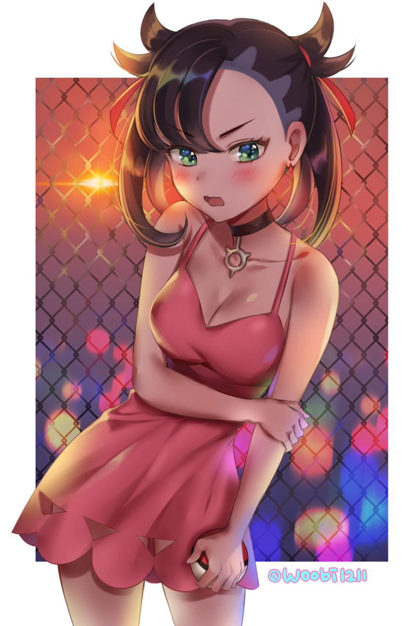 1girl, alternate_breast_size, asymmetrical_bangs, backlighting, bare_arms, bare_shoulders, black_choker, black_hair