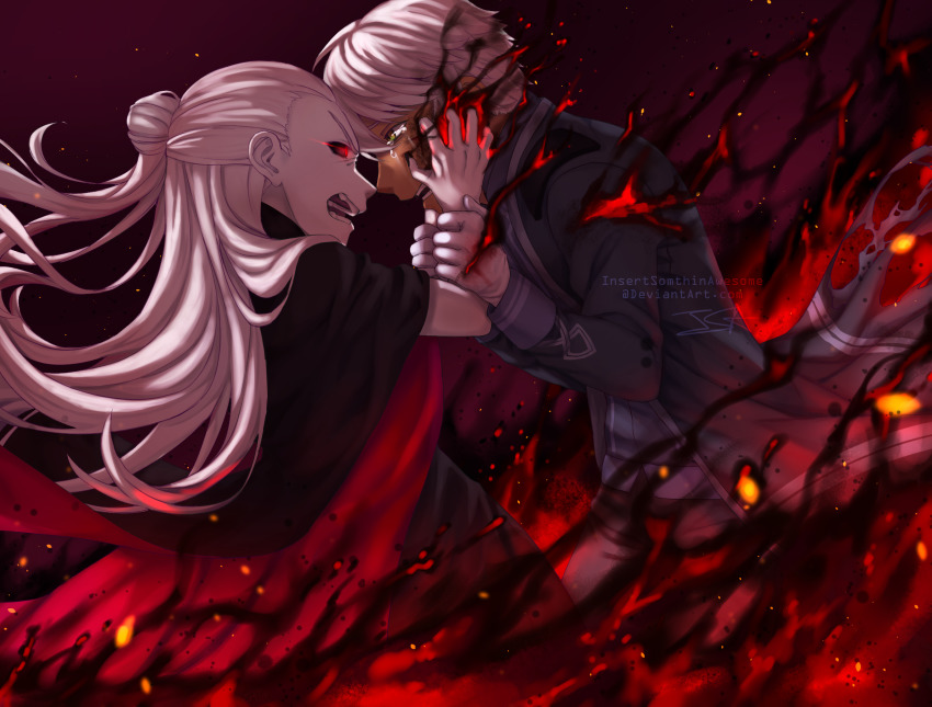 1boy, 1girl, artist_name, crying, dark_persona, dark_skin, deviantart_username, fire, gloves, glowing, glowing_eye, hand_on_own_arm, hand_on_own_wrist, highres, holding_hands, insertsomthinawesome, long_hair, long_sleeves, looking_at_another, open_mouth, professor_ozpin, red_eyes, rwby, salem_(rwby), short_hair, standing, teeth, white_gloves, white_hair, wind
