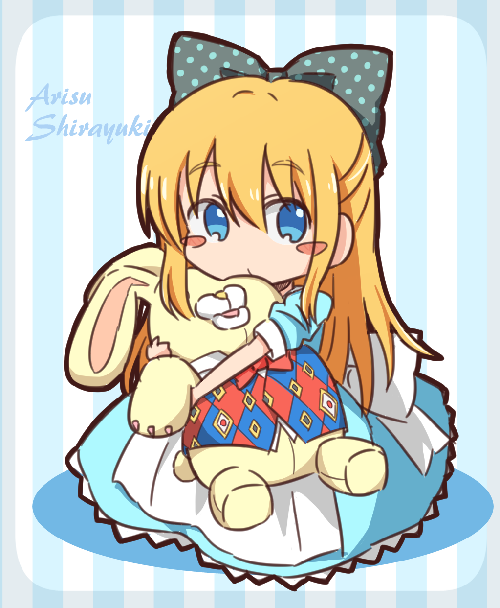 1girl, apron, arisu_shirayuki, blonde_hair, blue_dress, blue_eyes, blush_stickers, bow, character_name, chibi, colored_shadow, dress, female_focus, full_body, guriin, hair_between_eyes, hair_bow, highres, hugging_object, long_hair, looking_at_viewer, polka_dot, polka_dot_bow, shadow, short_sleeves, sidelocks, solo, striped_background, stuffed_animal, stuffed_rabbit, stuffed_toy, tokyo_7th_sisters, vertical_stripes, very_long_hair, waist_apron, white_apron