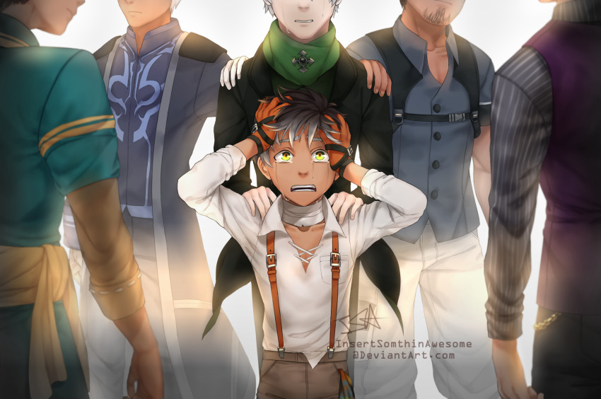 6+boys, artist_name, bandaged_neck, bandages, beard, black_hair, black_jacket, blue_coat