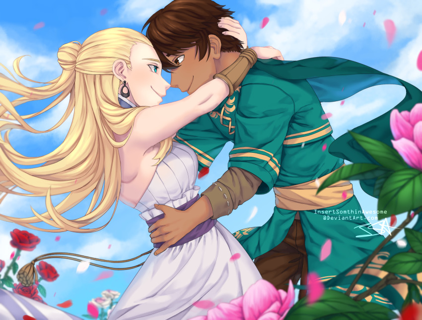 1boy, 1girl, artist_name, bare_shoulders, blonde_hair, brown_eyes, brown_hair, brown_pants, cape, closed_mouth, couple, dark_skin, deviantart_username, dress, earrings, flower, green_cape, green_eyes, hair_bun, hand_on_own_hip, highres, hug, insertsomthinawesome, jewelry, long_hair, long_sleeves, looking_at_another, pants, petals, pink_flower, professor_ozpin, red_flower, rose, rwby, salem_(rwby), sash, short_hair, sidelocks, single_hair_bun, sleeveless, sleeveless_dress, smile, standing, white_dress, wind, wristband, yellow_sash