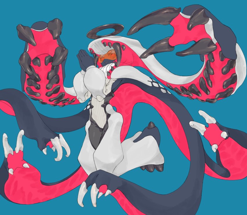 1girl, alien, black_gloves, black_skin, blue_background, colored_skin, female_focus, gloves