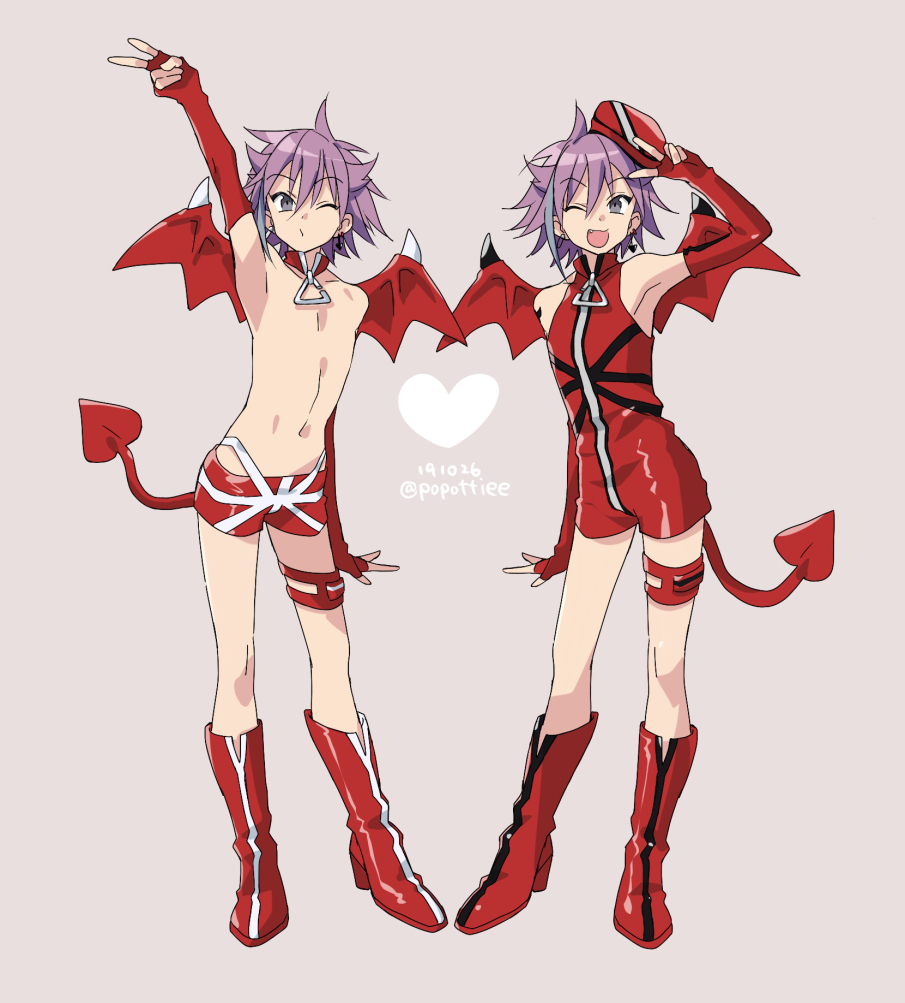 1boy, armpits, boots, dated, demon_tail, demon_wings, detached_collar, dual_persona, fingerless_gloves, gloves, hat, herat, high_heels, hiiragi_jun, male_focus, my_melody_(series), navel, one_eye_closed, popottiee_(1625798), potti-p, purple_hair, sanrio, short_shorts, shorts, tail, topless_male, trap, twitter_username, v, wings
