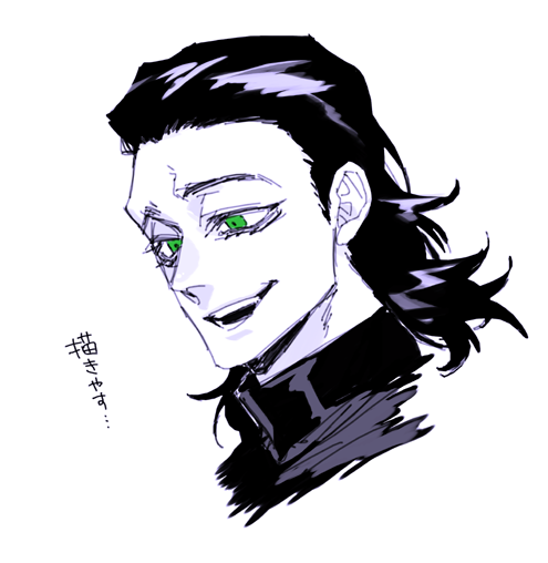 1boy, animification, unworn_armor, avengers_(series), black_hair, eibm, green_eyes, grin