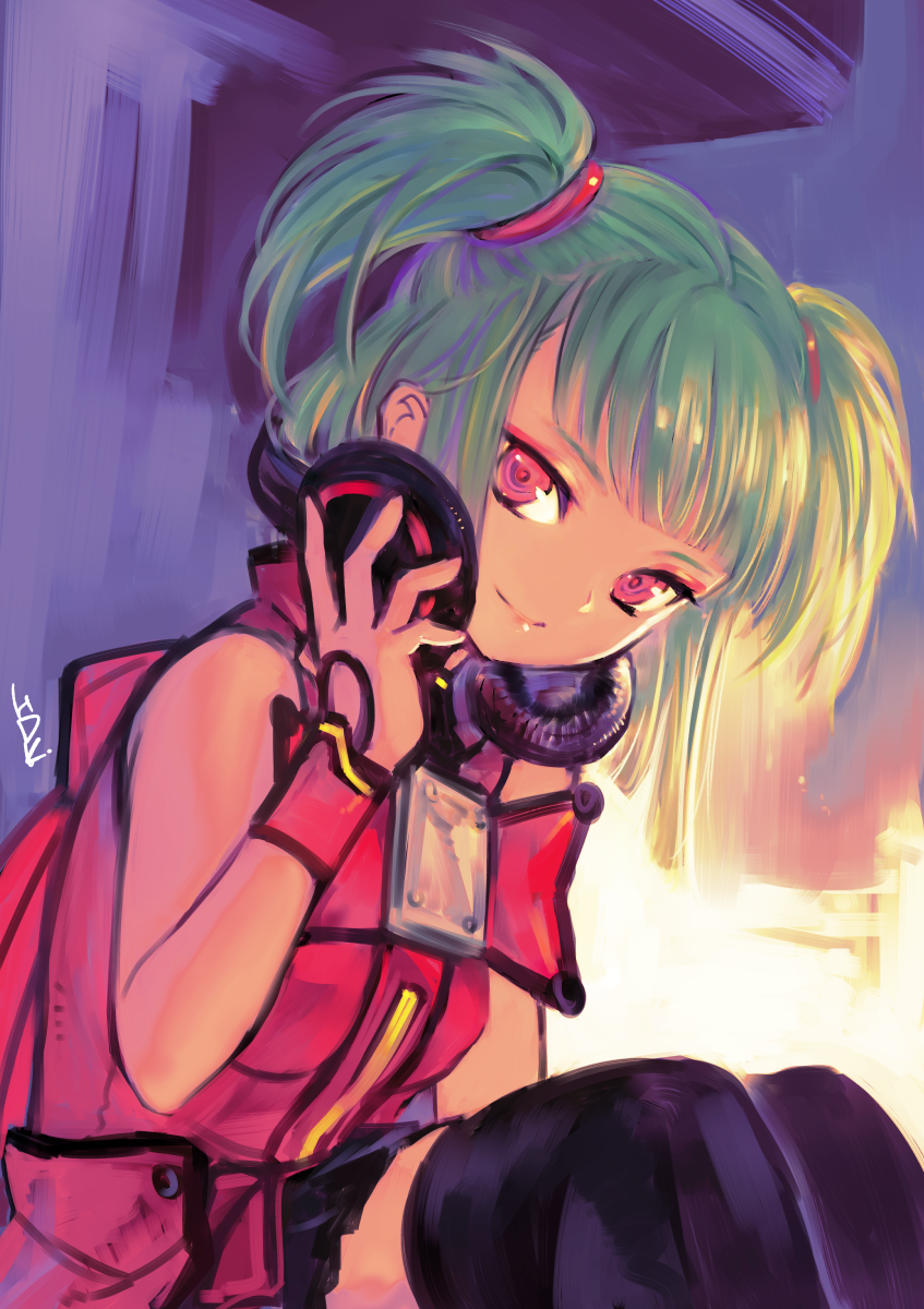 1girl, beatmania_iidx, beatmania_iidx_8th_style, bemani, black_thighhighs, doraeshi, female_focus, green_hair