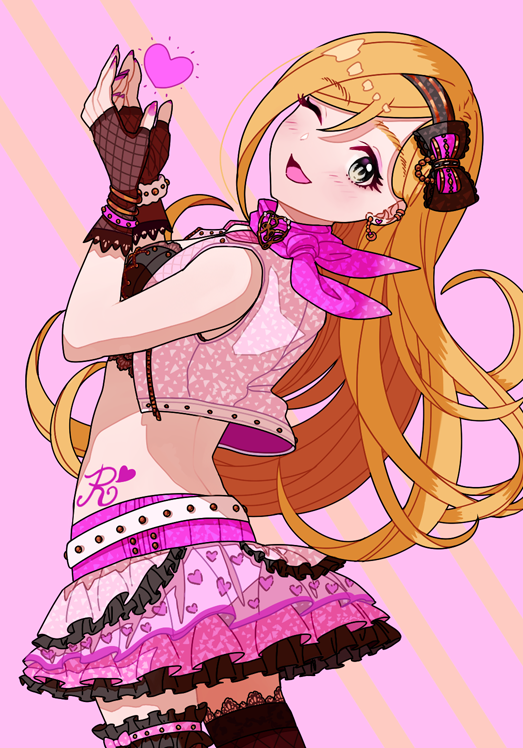 1girl, agejo_gyaru, black_legwear, blonde_hair, blush, earrings, enjin, fingerless_gloves, fujimoto_rina, gloves, green_eyes, gyaru, hair_ornament, hair_ribbon, heart, heart_earrings, ich., idolmaster, idolmaster_cinderella_girls, idolmaster_cinderella_girls_starlight_stage, jewelry, long_hair, nail_polish, open_mouth, pink_background, ribbon, sexy_gals_(idolmaster), skirt, tattoo