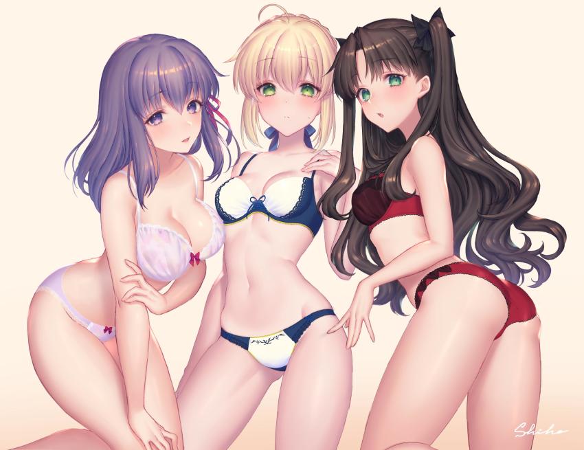 3girls, ahoge, artoria_pendragon_(fate), black_hair, blonde_hair, blue_eyes, braid, breasts