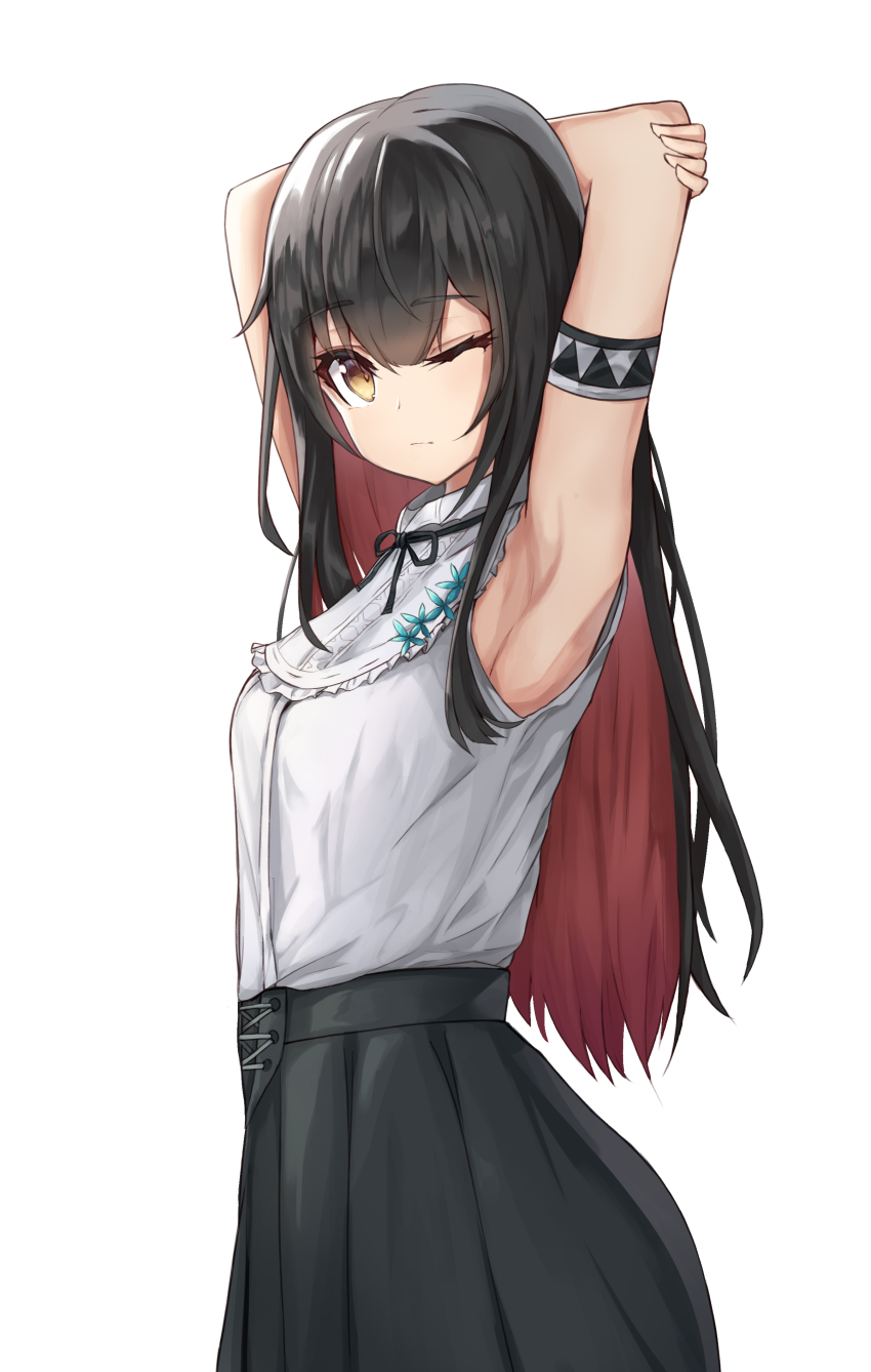 1girl, absurdres, arm_behind_head, armband, armpits, black_hair, black_skirt, female_focus