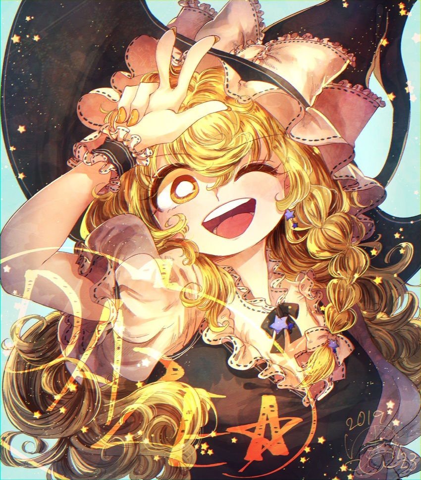 1girl, bad_id, bad_pixiv_id, black_headwear, blonde_hair, bright_pupils, dated, earrings, english_text, eyelashes, hair_between_eyes, hat, highres, jewelry, kirisame_marisa, long_hair, looking_at_viewer, nail_polish, one_eye_closed, open_mouth, puffy_short_sleeves, puffy_sleeves, round_teeth, short_sleeves, smile, star_(symbol), star_earrings, teeth, touhou, v, witch_hat, yellow_eyes, yellow_nails, yukkyon_kyon