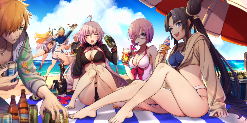 2boys, 5girls, ahoge, archer_(fate), artoria_pendragon_(fate), ass, baseball_cap, beach, beach_towel, beach_umbrella, bikini, black-framed_eyewear, black_bikini, black_choker, black_hair, black_jacket, blonde_hair, blue_bikini, blue_eyes, blue_headwear, blue_jacket, blue_sky, bottle, bow_swimsuit, breasts, can, choker, cropped_jacket, cup, dark-skinned_male, dark_skin, day, dress_swimsuit, fate/grand_order, fate_(series), food, glasses, green_eyes, hair_bun, hair_over_one_eye, hair_through_headwear, hajimetakadai, hat, hawaiian_shirt, highres, holding, holding_can, holding_cup, holding_food, horns, ibaraki_douji_(fate), ibaraki_douji_(fate/grand_order), ibaraki_douji_(swimsuit_lancer)_(fate), ibaraki_douji_(swimsuit_lancer)_(first_ascension)_(fate), jacket, jacket_over_swimsuit, jeanne_d'arc_(fate), jeanne_d'arc_alter_(fate), jeanne_d'arc_alter_(swimsuit_berserker)_(fate), large_breasts, long_hair, mash_kyrielight, mash_kyrielight_(swimsuit_of_perpetual_summer), medium_breasts, multiple_boys, multiple_girls, mysterious_heroine_x_(fate), mysterious_heroine_xx_(fate), o-ring, o-ring_bikini, o-ring_top, official_alternate_costume, one-piece_swimsuit, oni, oni_horns, orange_hair, outdoors, parted_bangs, purple_eyes, purple_hair, robin_hood_(fate), robin_hood_(summer_hunter)_(fate), shirt, short_hair, shrug_(clothing), side-tie_bikini_bottom, side_ponytail, single_hair_bun, sitting, sky, swimsuit, towel, umbrella, ushiwakamaru_(fate), ushiwakamaru_(swimsuit_assassin)_(fate), ushiwakamaru_(swimsuit_assassin)_(first_ascension)_(fate), white_bikini, white_hair, white_one-piece_swimsuit, yellow_eyes, yellow_jacket