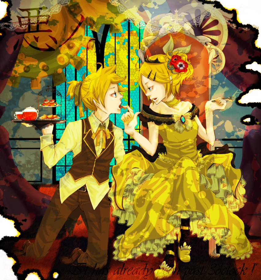 1boy, 1girl, aku_no_musume_(vocaloid), allen_avadonia, blonde_hair, blood, blue_eyes, brother_and_sister, cake, crown, dress, evillious_nendaiki, flower, food, formal_clothes, hair_ornament, hair_ribbon, hairclip, highres, jewelry, kagamine_len, kagamine_rin, kneeling, miha, minami373, pastry, plate, ribbon, riliane_lucifen_d'autriche, rose, short_hair, siblings, twins, vocaloid