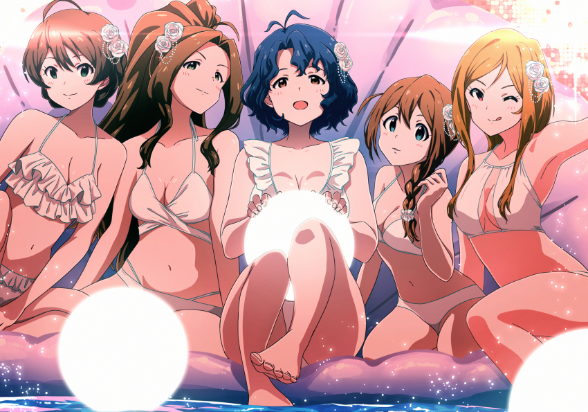 5girls, absurdres, ahoge, antenna_hair, baba_konomi, bikini, braid, breasts